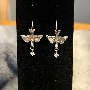 Intricate Silver Bird Earrings with CZ Dangles